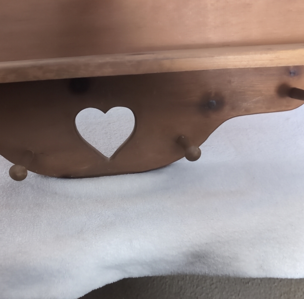 Vintage Wood Shelf With Heart Cut OutWall Shelf With 4 Pegs - 35” - Picture 2 of 7